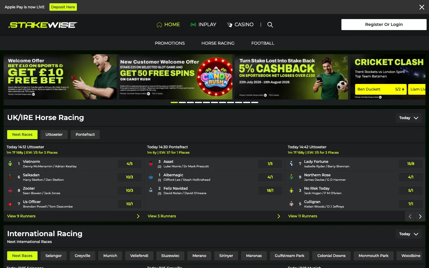 Stakewise, a new UK sportsbook and casino licensed in April 2026, real homepage screenshot showing the welcome offers and UK and Ireland horse racing cards