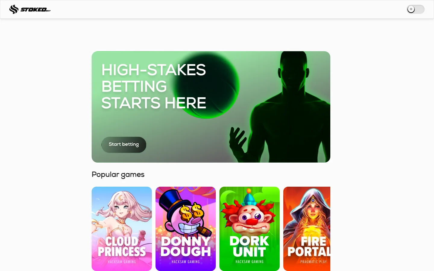 Stoked, a new online casino launched July 2026, real homepage screenshot showing the high-stakes betting banner and the popular games row