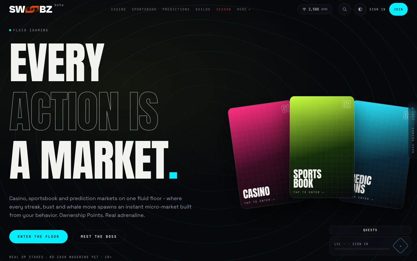 Swoobz, a new Anjouan-licensed gaming site launched July 2026, real homepage screenshot showing its beta floor and the no cash wagering notice