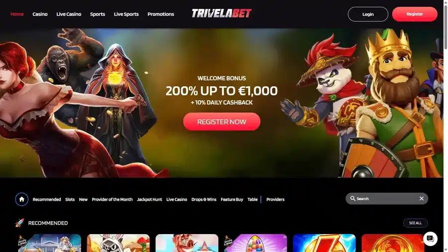 TrivelaBet homepage showing its welcome bonus banner and game categories