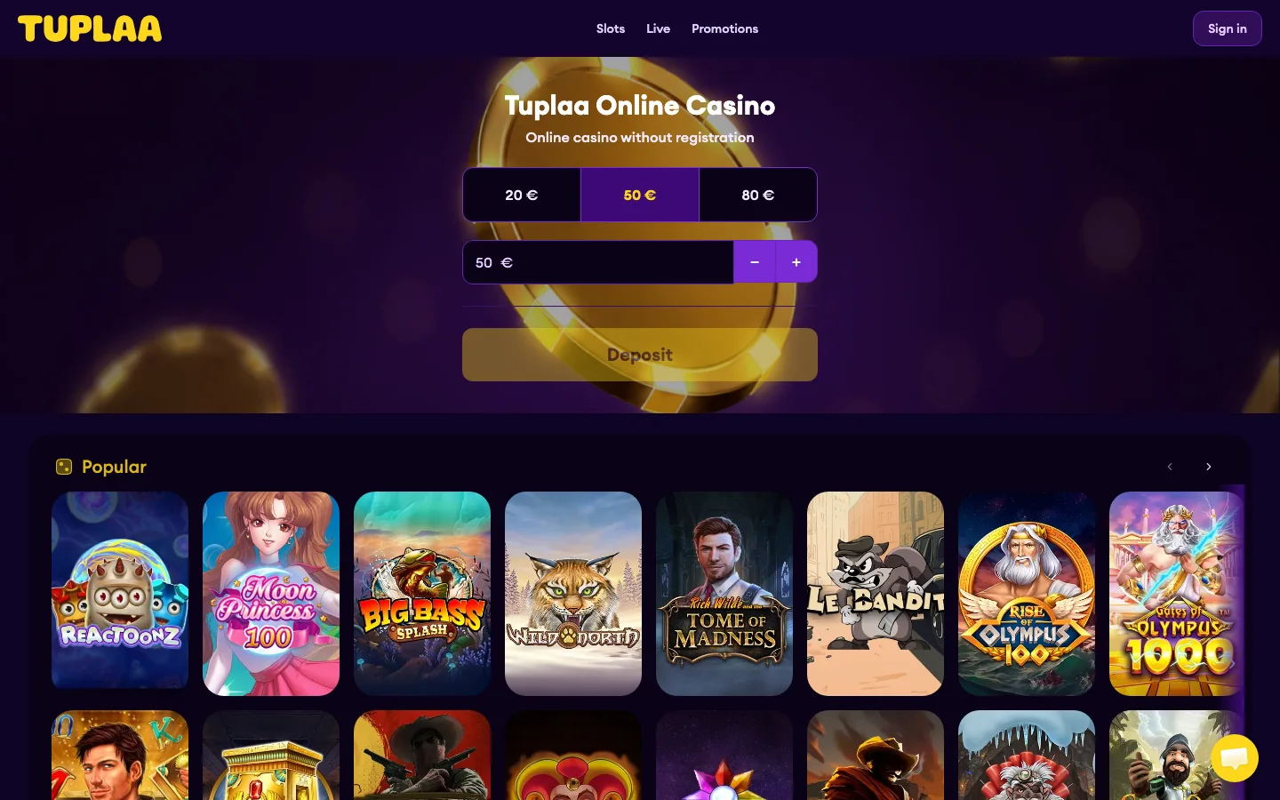 Tuplaa, a new online casino licensed July 2026, real homepage screenshot showing the no-registration deposit panel and Play’n GO slots lobby