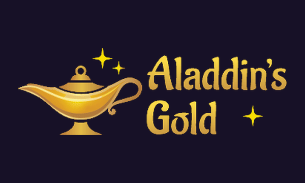 Aladdin's Gold Casino logo, the gold lamp and serif wordmark taken from the live site header