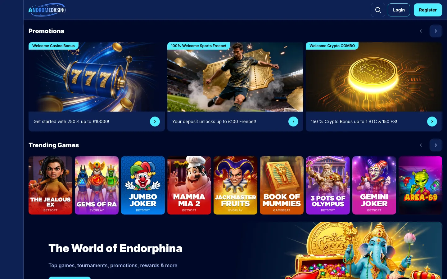 Andromedasino homepage screenshot showing the promotions carousel and the trending games row