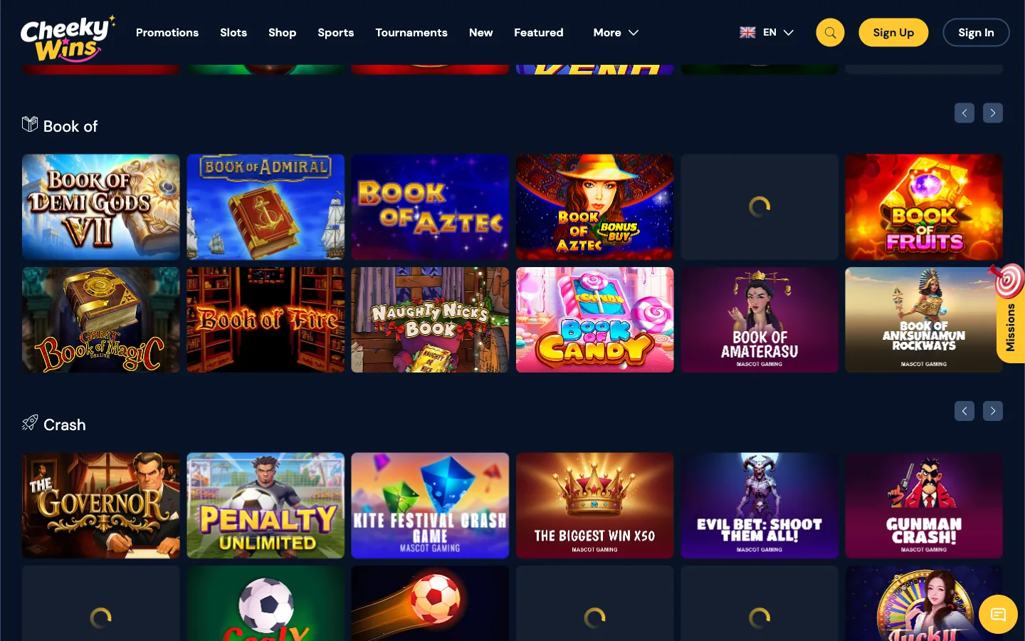 Cheeky Wins new casino lobby screenshot showing the Book of and Crash game shelves