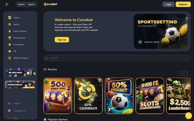 Cocobet, a crypto casino and sportsbook, real homepage screenshot showing the Welcome to Cocobet banner, the Stories carousel and the Popular Games grid