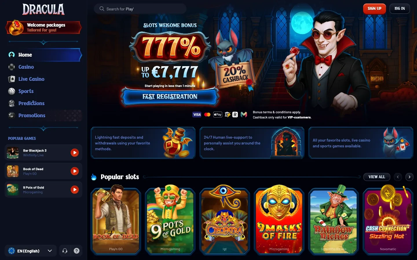 Dracula Casino homepage screenshot showing the vampire mascot, the 777 per cent slots welcome bonus up to 7,777 euros and the Popular Slots row