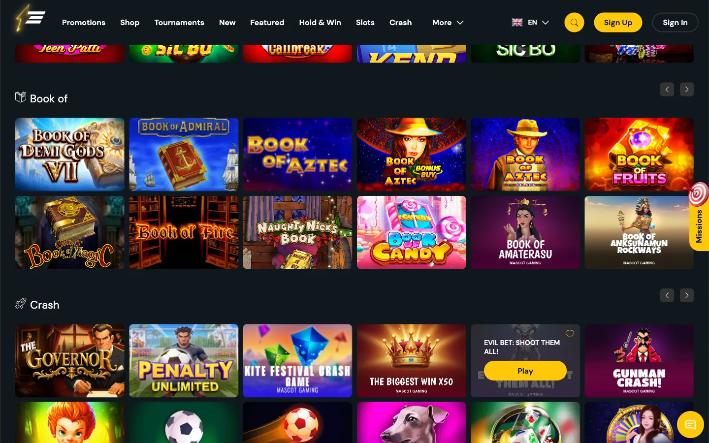 Electric Wins casino lobby screenshot showing the Book of and Crash game shelves