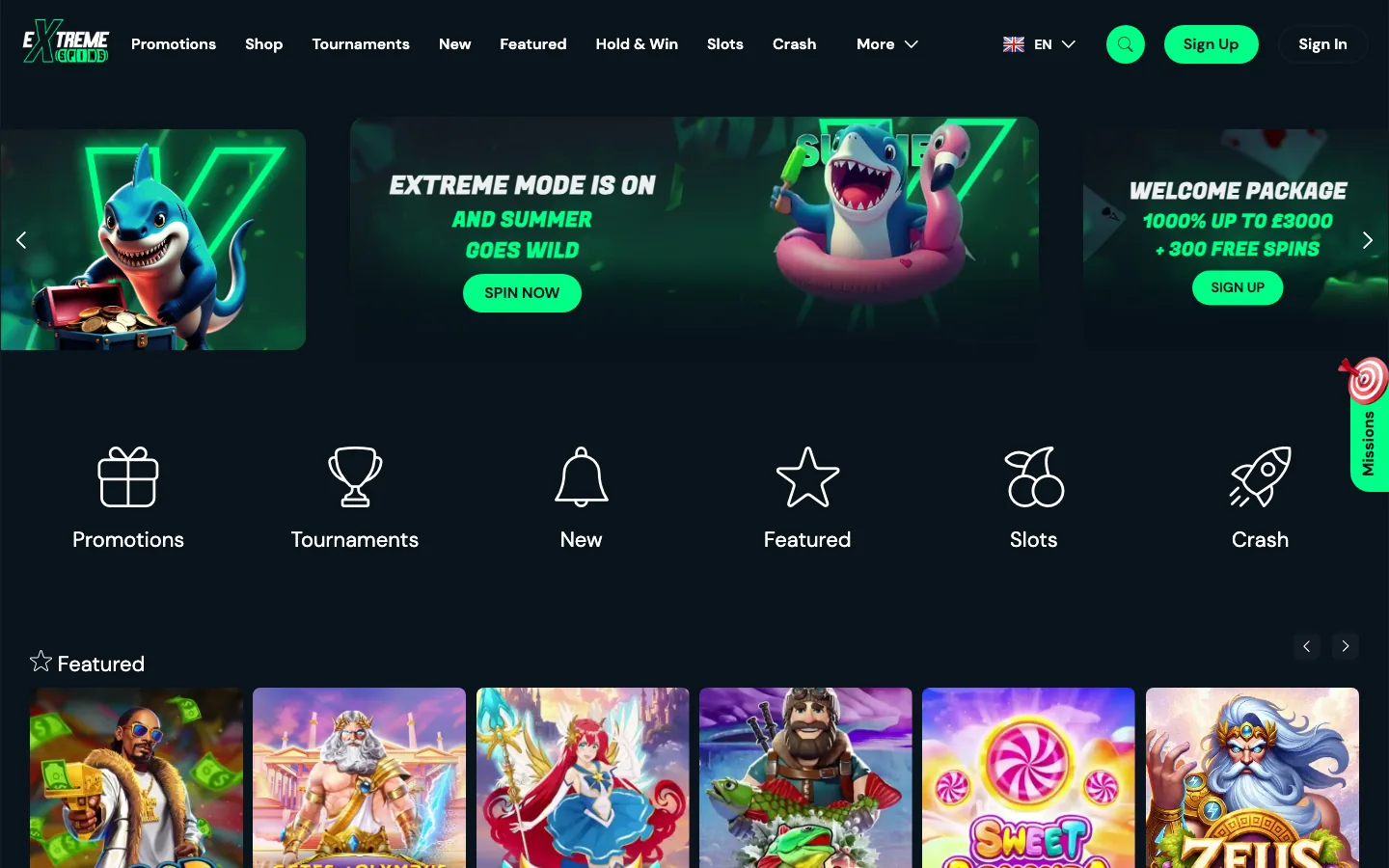 Extreme Spins Casino homepage screenshot showing the shark mascot banner, the £3,000 welcome package and the Featured game shelf