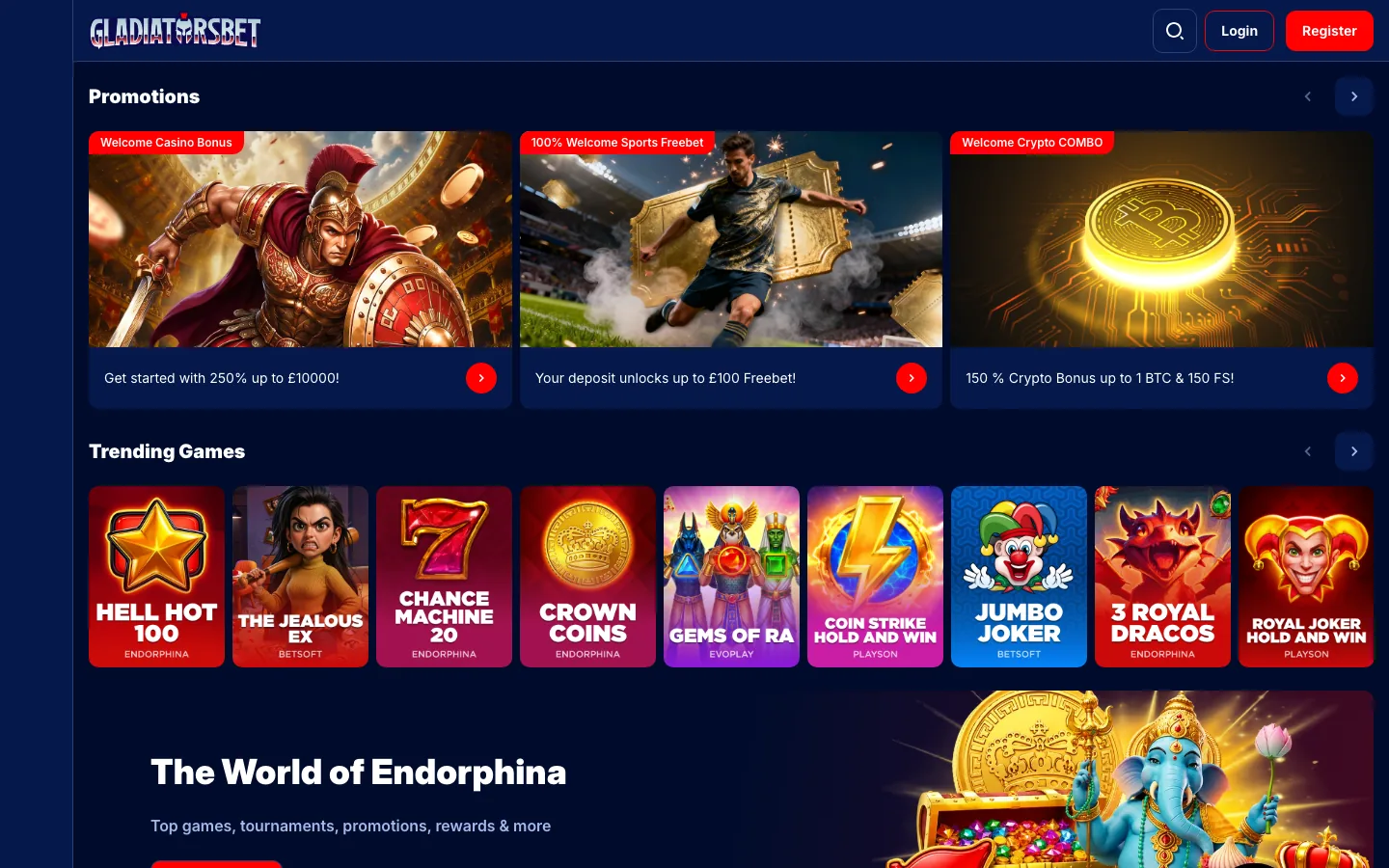 GladiatorsBet homepage screenshot showing the promotions carousel and the trending games row