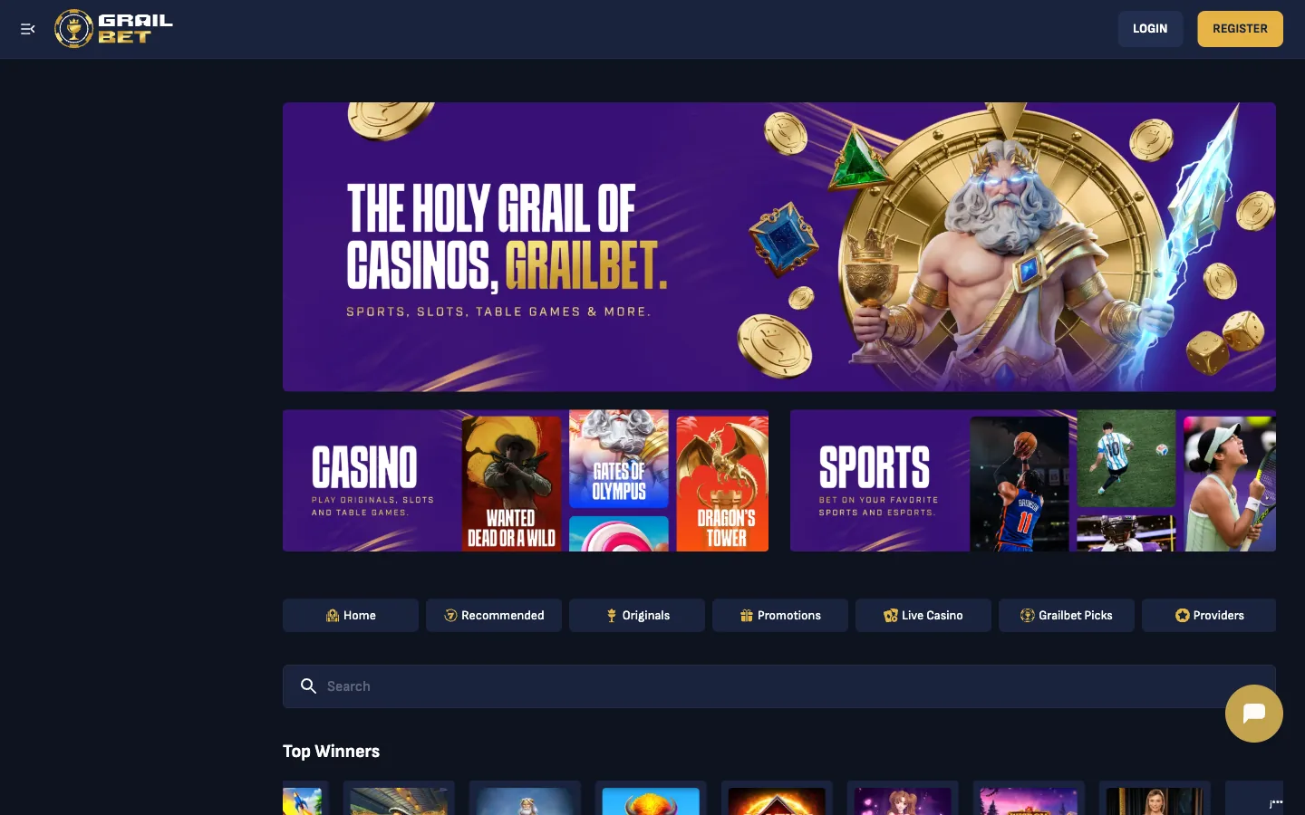 Grailbet real homepage screenshot showing the casino and sportsbook panels, the Grail Originals row and the top winners feed