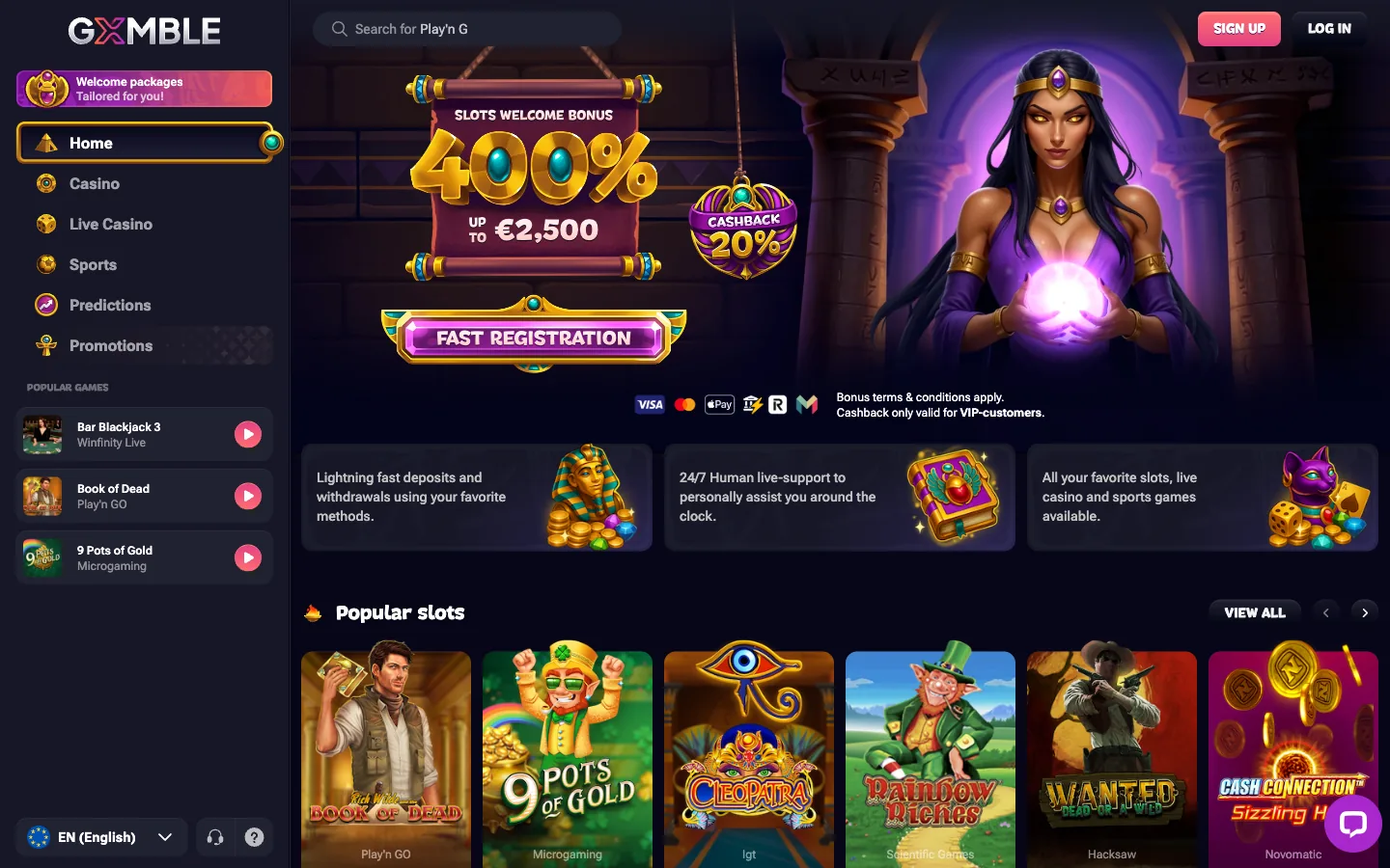 Gxmble, an offshore casino trading since 2024, real homepage screenshot showing the 400 percent slots welcome bonus, the popular slots row and the sportsbook navigation
