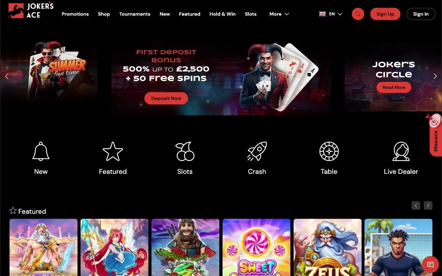 Jokers Ace Casino homepage screenshot showing the jester banner, the 500 per cent first deposit bonus up to 2500 pounds and the six category icons
