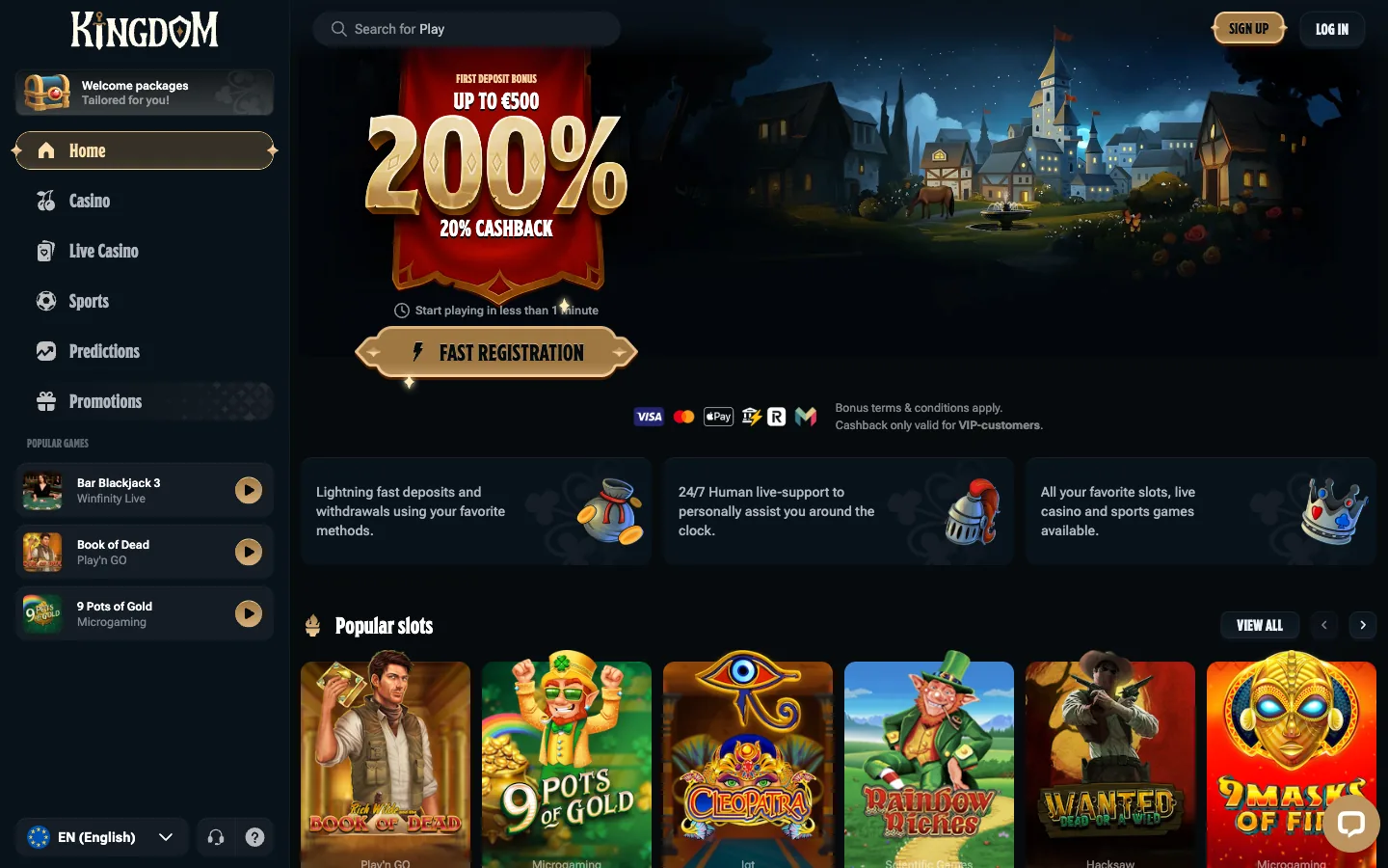Kingdom Casino homepage screenshot showing the 200% first deposit banner, 20% cashback and the popular slots row