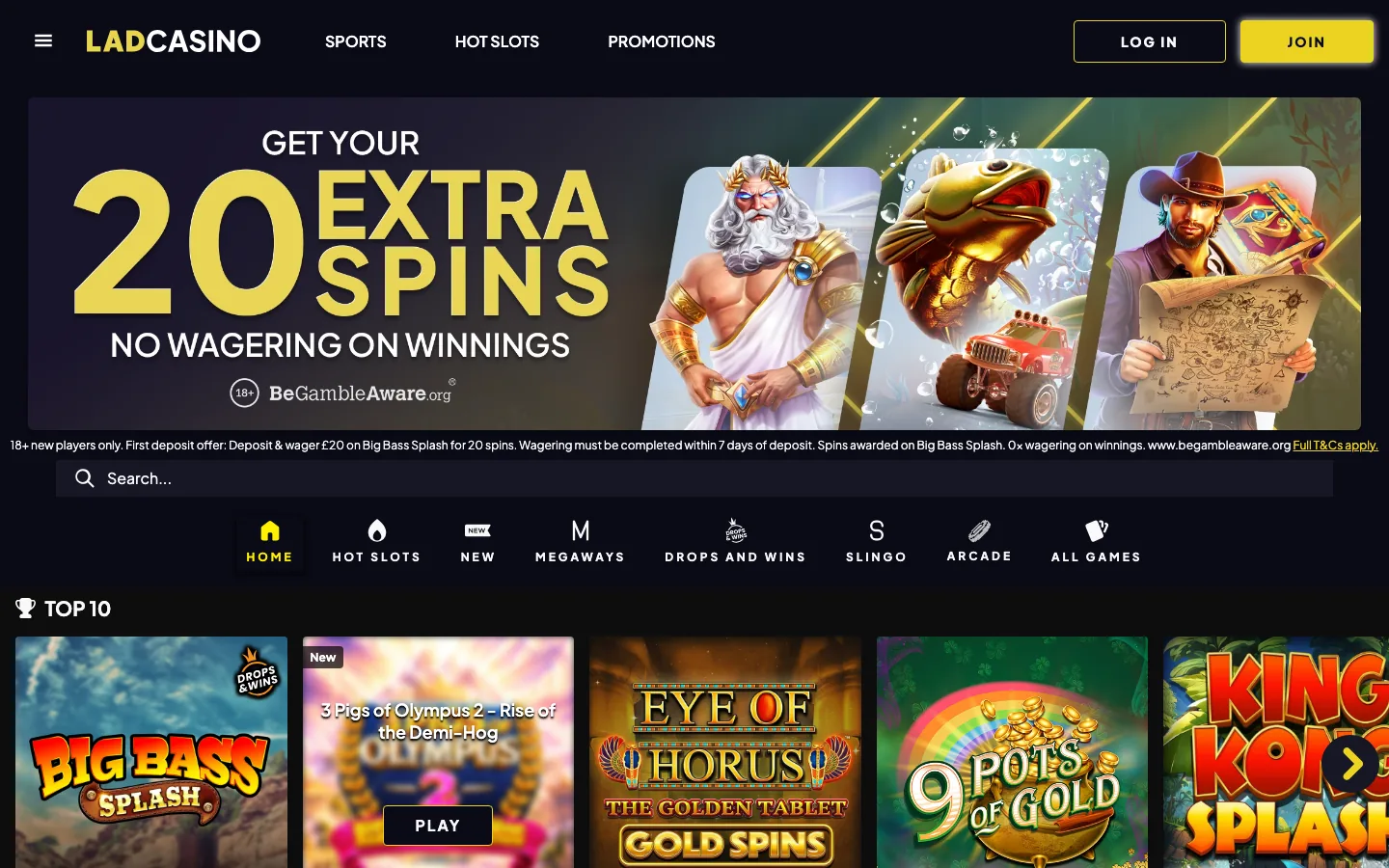Lad Casino homepage screenshot showing the 20 extra spins welcome offer and the Top 10 games row