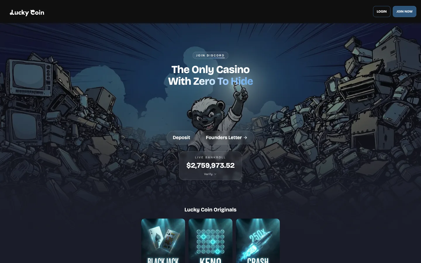 Lucky Coin, a crypto casino launched in 2026, real homepage screenshot showing the live bankroll counter, the Originals row and the sportsbook navigation