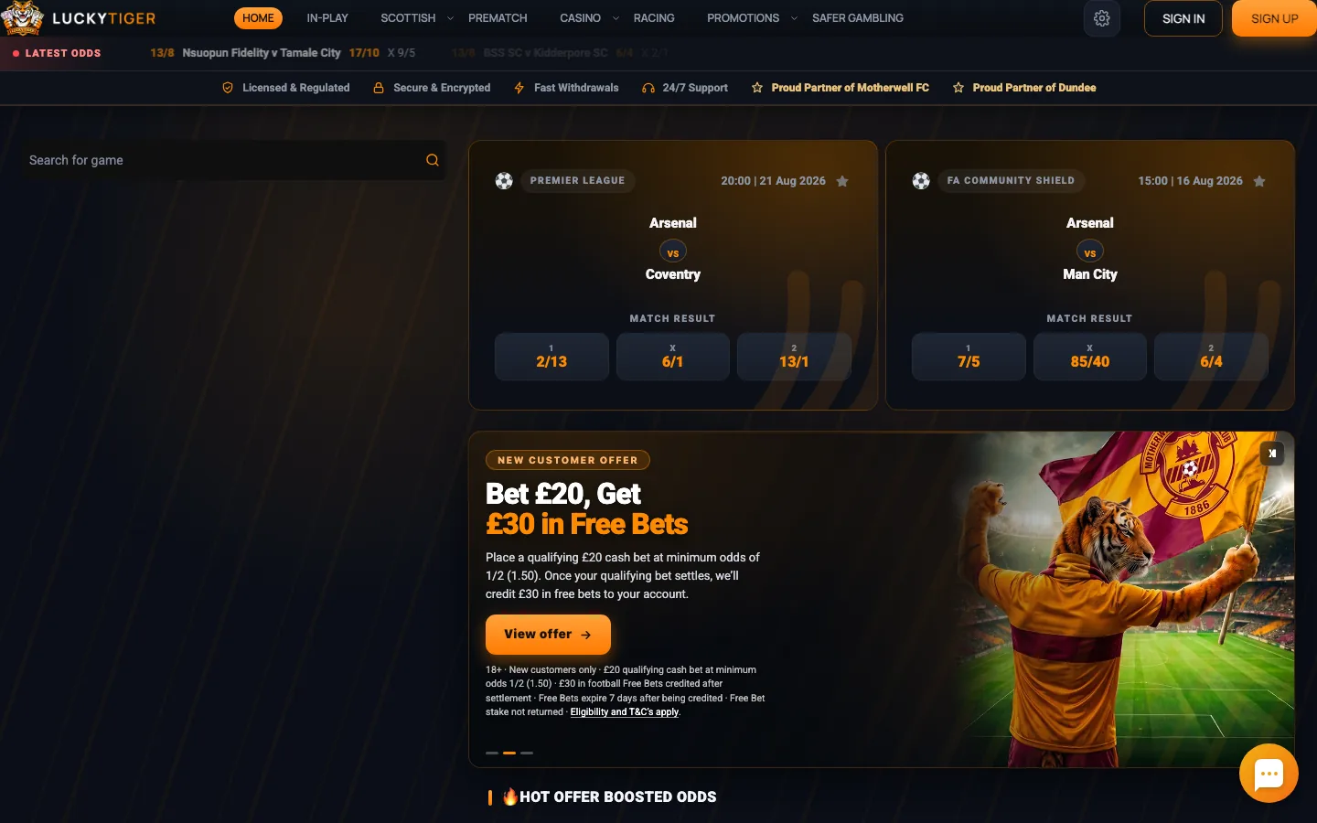 Lucky Tiger homepage screenshot showing Premier League prices, the Bet 20 Get 30 free bets offer and the Motherwell FC partner banner