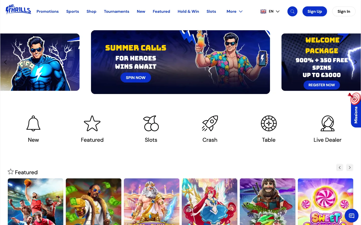Mr Thrills casino homepage screenshot showing the 900% and 350 free spins welcome package and the game category row