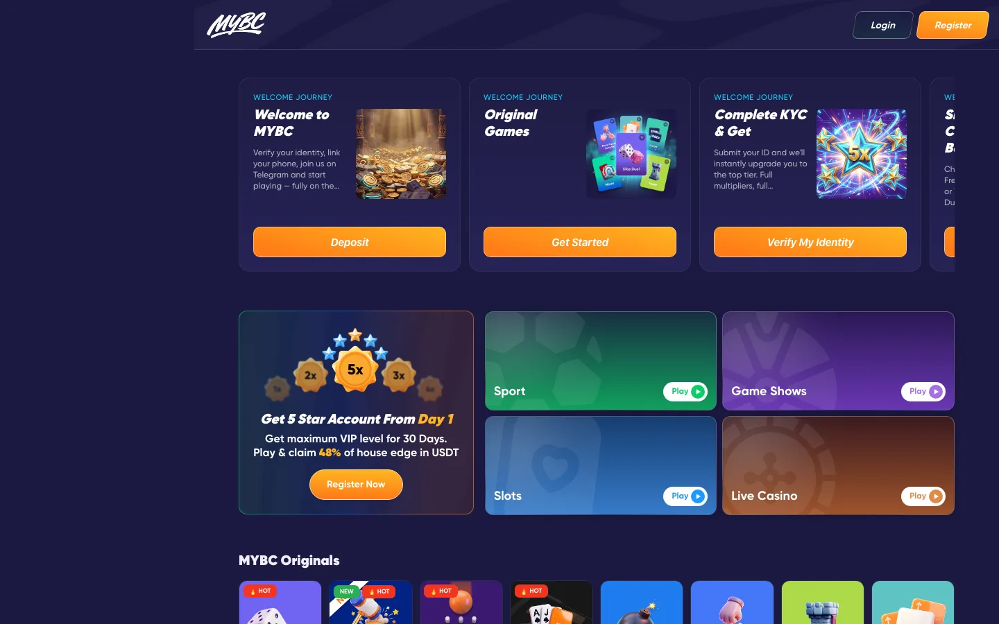MYBC Casino homepage screenshot showing the welcome journey cards, the five star VIP promotion and the MYBC Originals game row