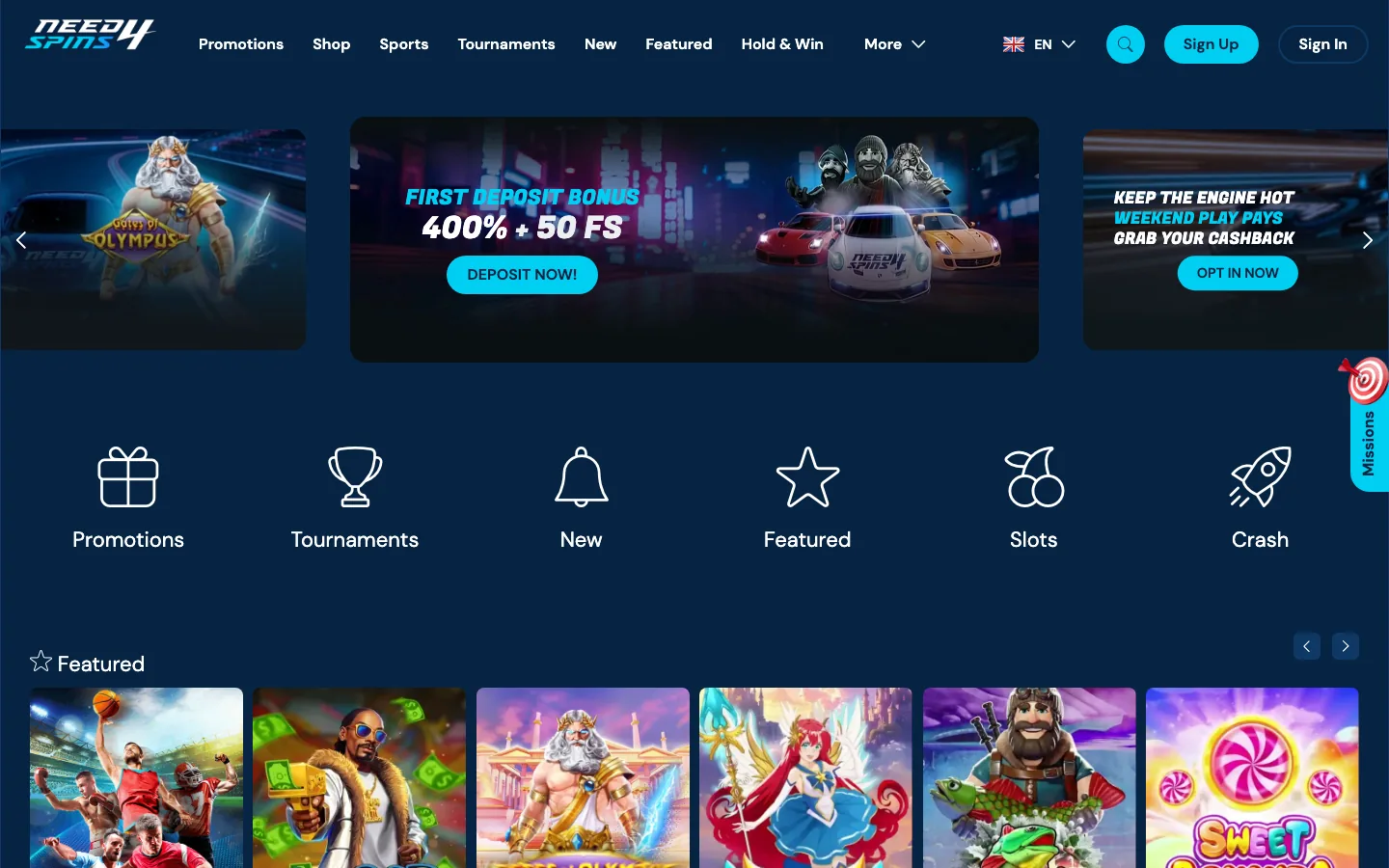 Need 4 Spins Casino homepage screenshot, a new online casino launched May 2026, showing the street-racing banner, the 400 per cent first deposit bonus and the Sports tab