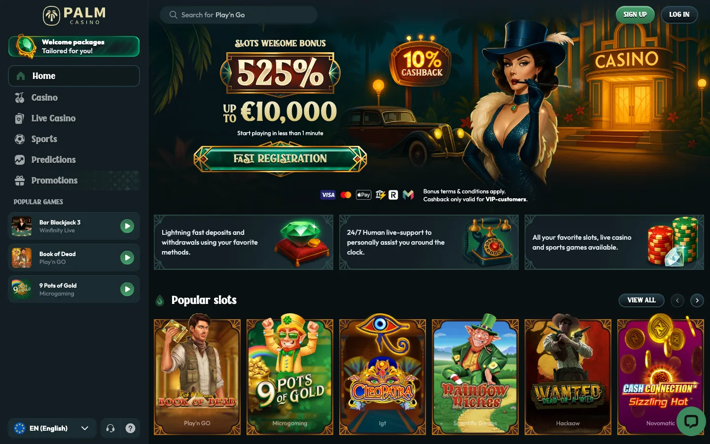 Palm Casino, an offshore casino trading since late 2024, real homepage screenshot showing the 525 percent slots welcome bonus, the popular slots row and the sportsbook navigation