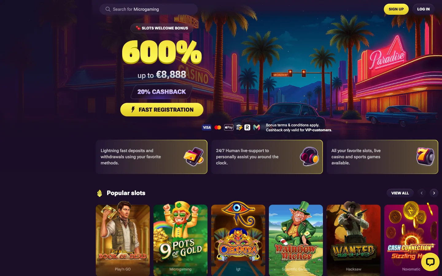 Privé Casino, an offshore casino trading since 2024, real homepage screenshot showing the 600 percent slots welcome bonus, the payment logo row and the popular slots grid