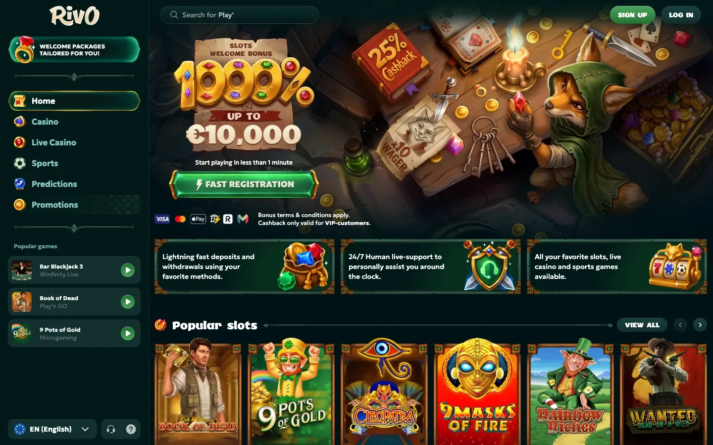 Rivo Casino homepage screenshot showing the hooded fox treasure banner, the 1,000 per cent slots welcome bonus up to 10,000 euros and the Popular Slots row