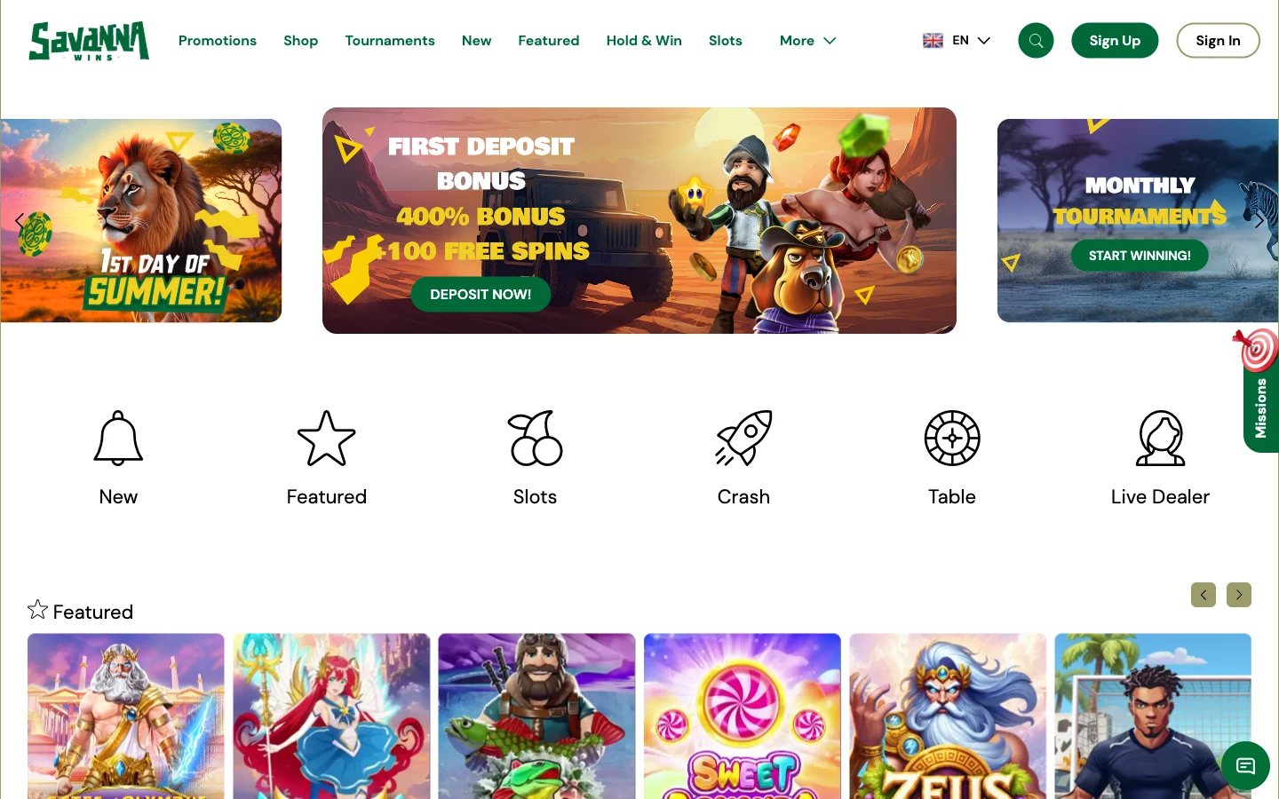 Savanna Wins Casino homepage screenshot showing the lion banner, the 400 per cent first deposit bonus with 100 free spins and the Featured game shelf