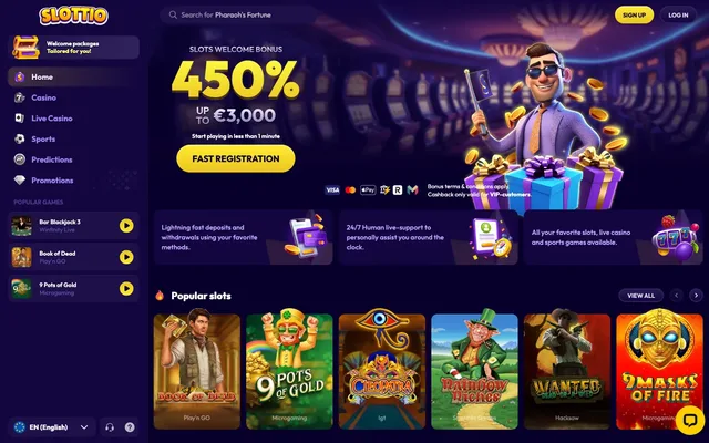 Slottio, an offshore casino trading since 2024, real homepage screenshot showing the 450% welcome banner and the popular slots row