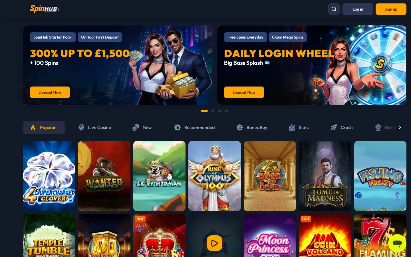 SpinHub Casino lobby screenshot showing the welcome banner and the popular slots grid