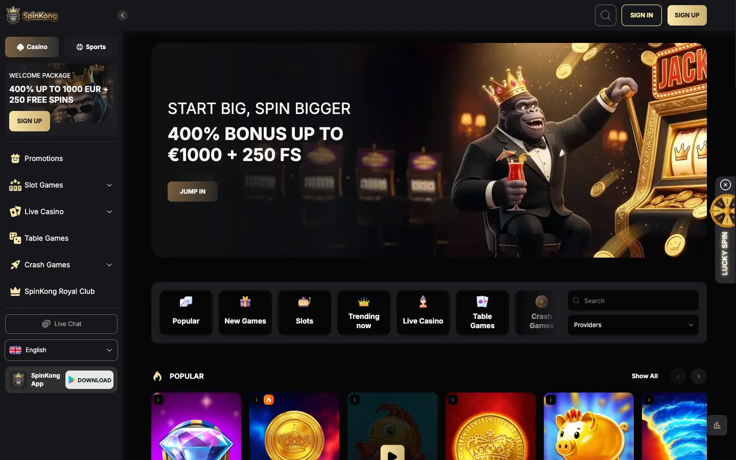 SpinKong casino homepage screenshot showing the 400 percent welcome banner, the game category row and the popular games grid