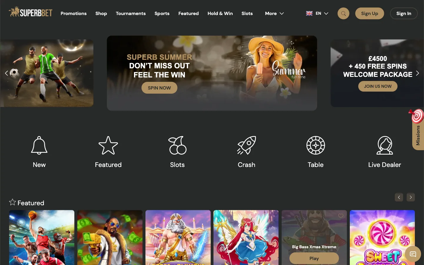 SuperbBet casino homepage screenshot showing the GBP 4500 and 450 free spins welcome package and the game category icons