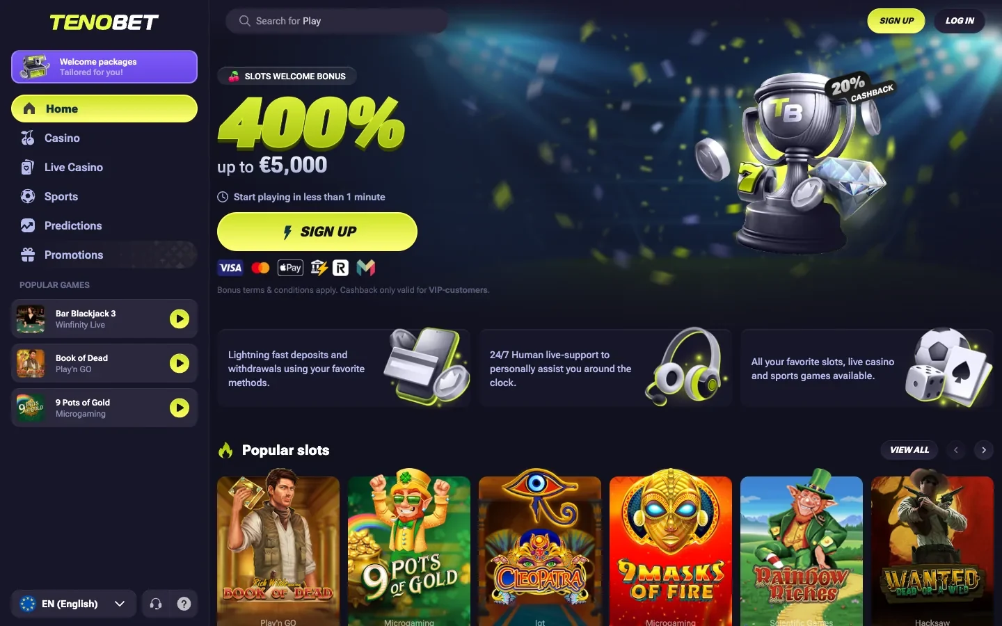 TenoBet homepage screenshot showing the lime green trophy banner, the 400 per cent slots welcome bonus up to 5,000 euros and the Popular Slots row