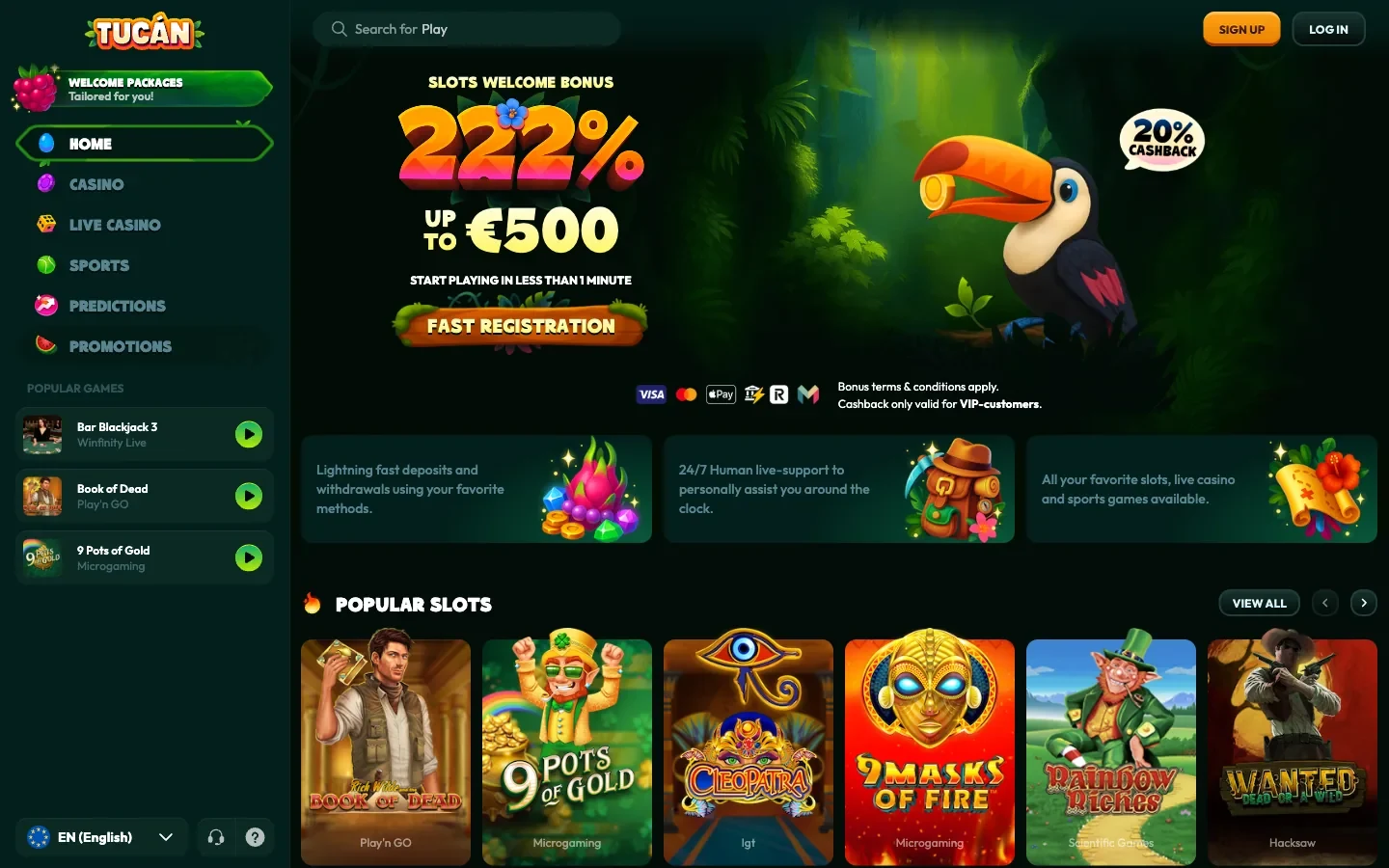 Tucan Casino homepage screenshot showing the toucan mascot banner, the 222 per cent slots welcome bonus up to 500 euros and the Popular Slots shelf