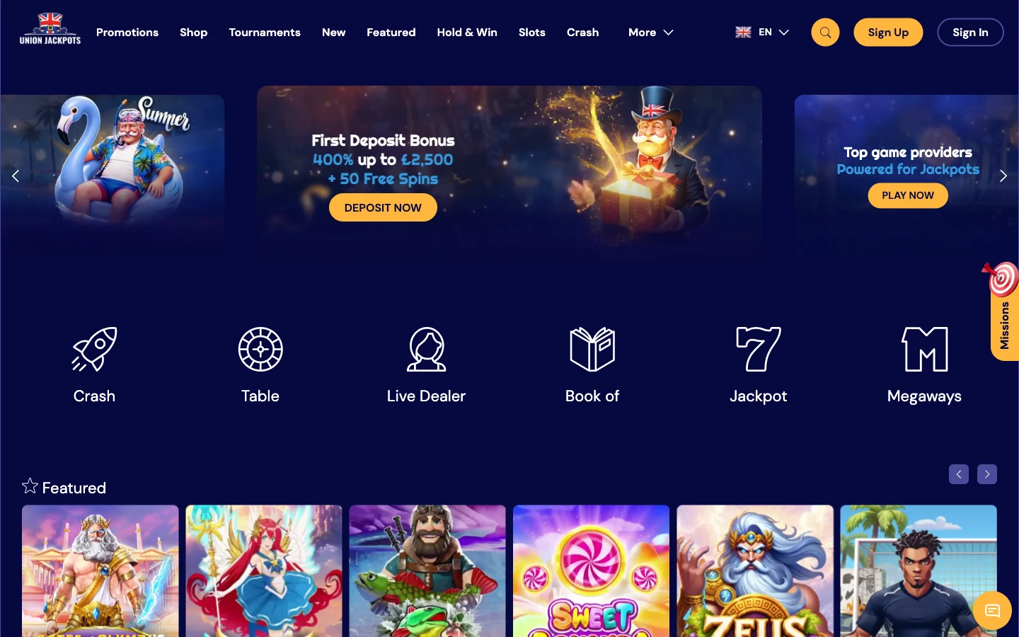 Union Jackpots Casino homepage screenshot of this new online casino, showing the top-hat mascot banner, the 400 per cent first deposit bonus up to 2500 pounds and the Featured game shelf