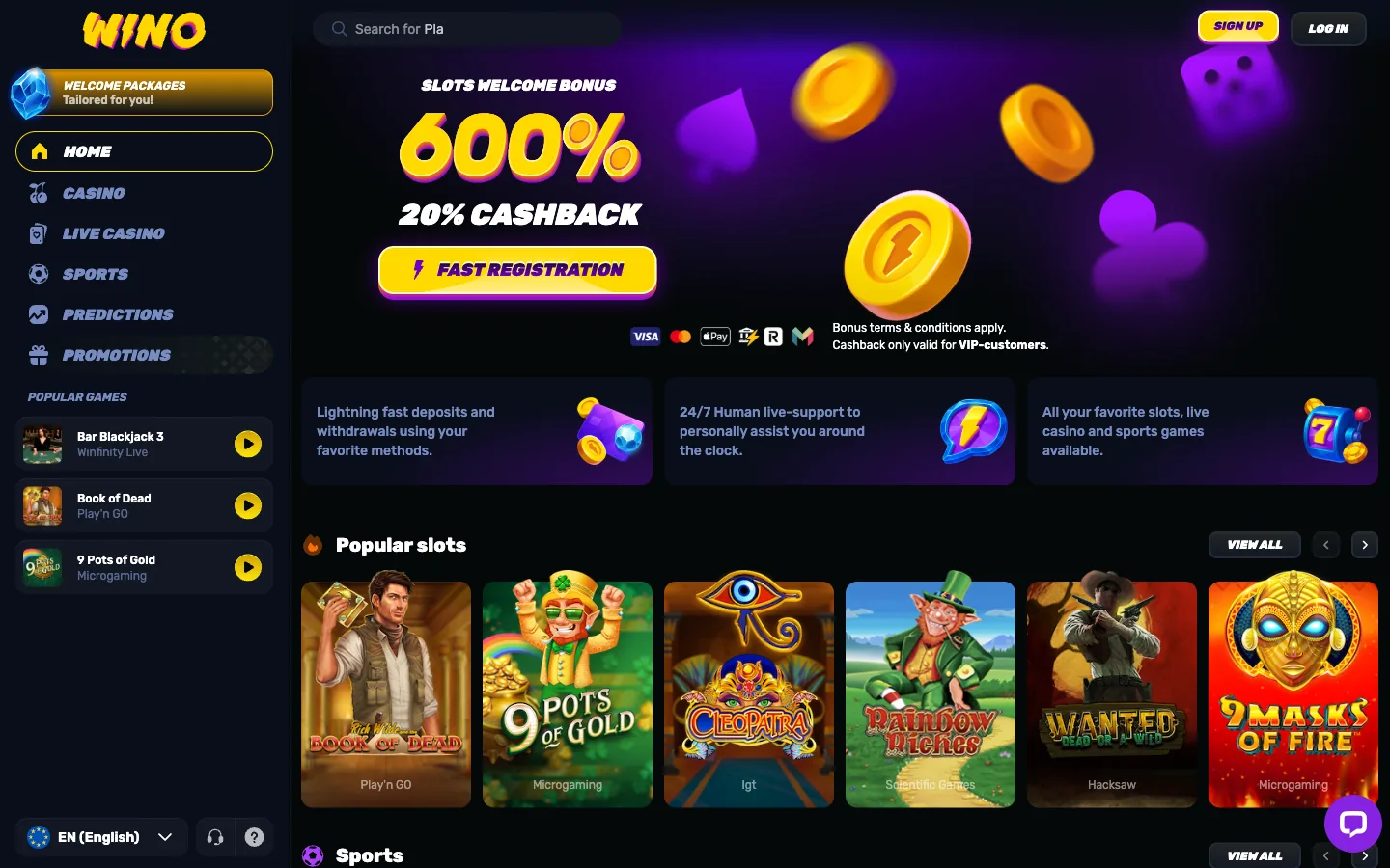 Wino Casino homepage screenshot showing the 600% slots welcome bonus, 20% cashback and the popular slots row