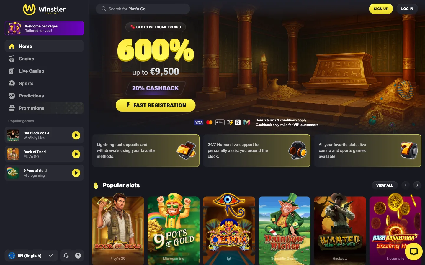 Winstler Casino, an offshore casino trading since 2024, real homepage screenshot showing the 600 percent slots welcome bonus, the popular slots row and the sports navigation
